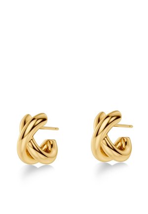 Para polerowanych złotych kolczyków kołowych z skręconym, splatającym się wzorem i zapięciami na sztyfty na białym tle.