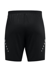 Schwarze Sportshorts mit einer glatten Textur, elastischem Bund und reflektierenden Punkten an den Seiten für bessere Sichtbarkeit.