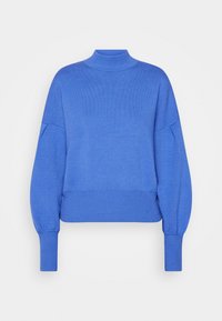 Blauer Strickpullover mit hohem Stehkragen, überschnittenen Schultern und gerippten Bündchen, mit lockerer Passform und weicher Textur.