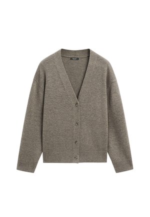 Cardigan gris en maille avec un col en V profond, manches longues, fermeture frontale à boutons, et poignets et ourlet côtelés. Texture douce et coupe décontractée.
