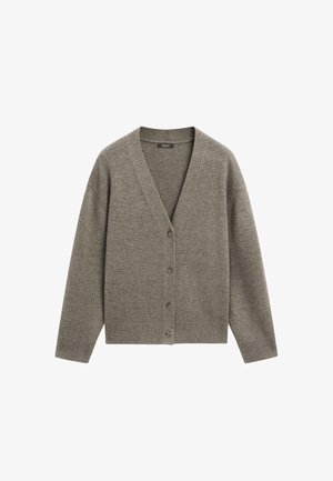 Szary dzianinowy kardigan z głębokim dekoltem w serek, długimi rękawami, zapięciem na guziki z przodu oraz ściągaczami na mankietach i u dołu. Miękka tekstura i swobodny krój.