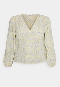 Blusa floral em tons de amarelo e azul com decote em V, mangas balão longas e detalhes franzidos. Tecido leve com uma textura suave.