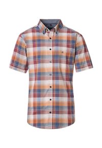 Kurzärmliges kariertes Hemd in Orange, Blau und Creme. Mit einem Button-down-Kragen, einer Brusttasche und kontrastierenden Knöpfen. Aus Baumwollmaterial.