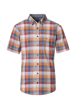 Kurzärmliges kariertes Hemd in Orange, Blau und Creme. Mit einem Button-down-Kragen, einer Brusttasche und kontrastierenden Knöpfen. Aus Baumwollmaterial.