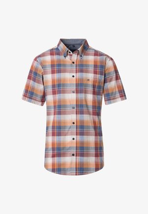 Kurzärmliges kariertes Hemd in Orange, Blau und Creme. Mit einem Button-down-Kragen, einer Brusttasche und kontrastierenden Knöpfen. Aus Baumwollmaterial.