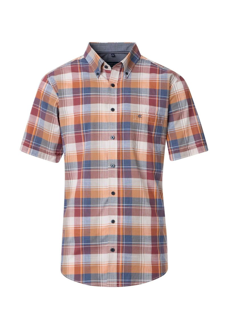 Kurzärmliges kariertes Hemd in Orange, Blau und Creme. Mit einem Button-down-Kragen, einer Brusttasche und kontrastierenden Knöpfen. Aus Baumwollmaterial.