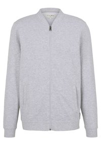 Gray sweatshirt jacket with a front zipper, round collar, two side pockets, ribbed cuffs, and a soft fabric texture.