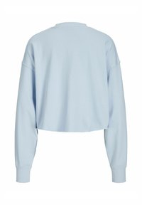 Pullover corto azzurro chiaro con maniche lunghe, polsini a costine e scollatura rotonda. Texture liscia e design semplice senza motivi.