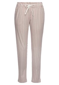 Striped pajama pants in soft fabric, featuring a drawstring waist, vertical stripes in pink and dark red, and tapered leg design.