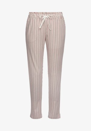 Striped pajama pants in soft fabric, featuring a drawstring waist, vertical stripes in pink and dark red, and tapered leg design.