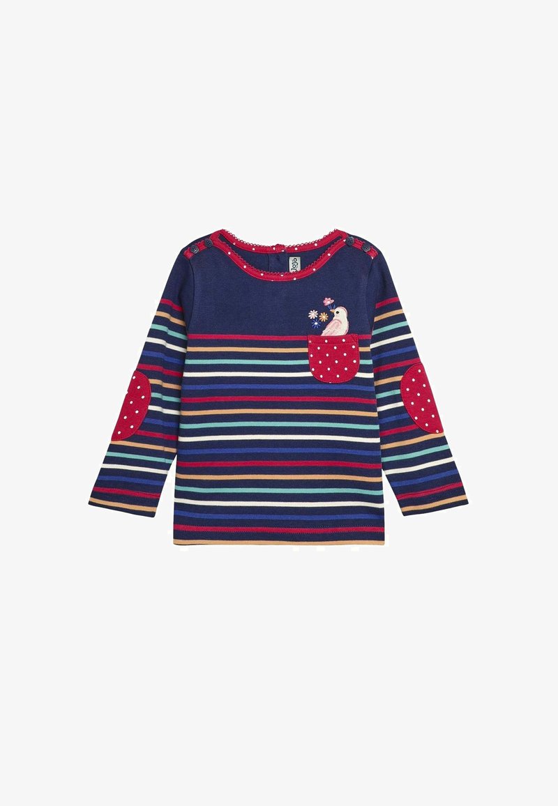 Gestreiftes Langarmhemd in Marineblau mit bunten Streifen, roten Punktepflaster und einem gestickten Vogelmotiv auf der Tasche.