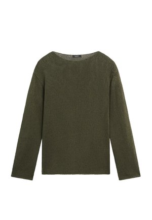 Pull en tricot vert olive à manches longues avec un col rond et un motif texturé uni.