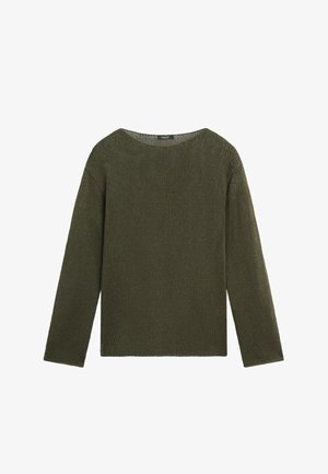 Olive zelený pletený svetr s dlouhým rukávem, kulatým výstřihem a jednobarevným texturovaným vzorem.