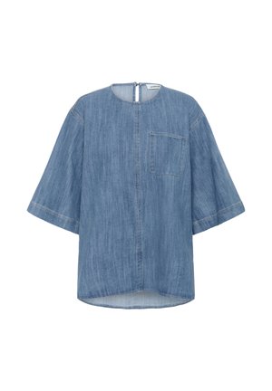 Zila džinsa blūze ar īsām piedurknēm, apaļu kakla izgriezumu, priekšējo kabatu un atvērumu aizmugurē. Horizontāla šuve plecu rajonā.