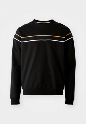 Schwarzer Sweatshirt mit Rundhalsausschnitt, langen Ärmeln und horizontalen Streifen in Weiß und Gold über der Brust. Weicher, strukturierten Stoff.