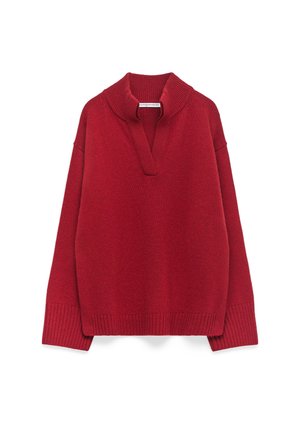 Rode gebreide pullover met brede ribbelkraag, V-halsopening, lange mouwen en ribgebreide manchetten en onderrand.