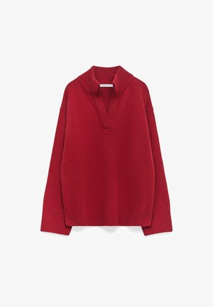 Red knitted pullover sweater with ribbed wide collar, V-neck opening, long sleeves, and ribbed cuffs and hem.