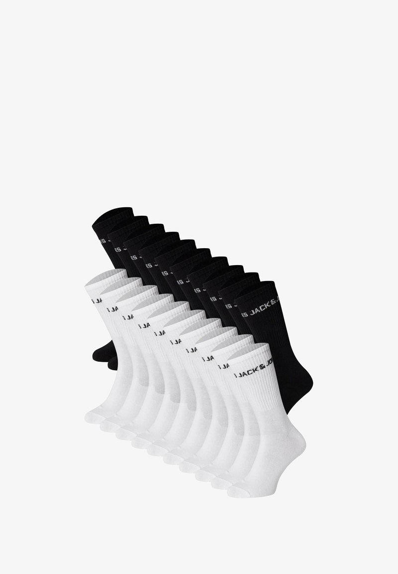 Ensemble de 12 chaussettes de type crew en noir et blanc. Fabriquées en mélange de coton, elles présentent des bords côtelés et une impression de logo sur chaque chaussette.