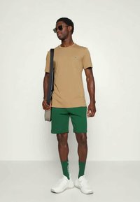 Camiseta de manga curta bege, calções verdes, sapatilhas brancas, meias verdes. Modelo a usar óculos de sol, segurando uma mala de tiracolo. Design minimalista.