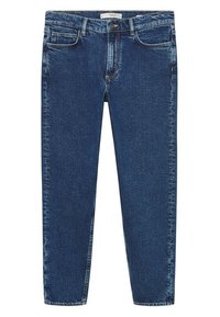 Vaqueros de denim oscuros de pierna recta con bolsillos frontales, lazos para cinturón y cierre de botón.