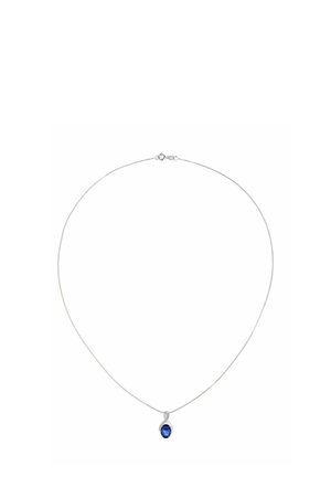 Sudraba kaklarota ar plānu ķēdi un asaru formas zilu dārgakmens piekariņu, kas ir ar gludu virsmu un vienkāršu cilpas aizdari.