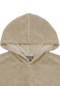Beige hooded sweatshirt made of soft, textured fabric. Features a hood with a seam running down the center and a label inside.