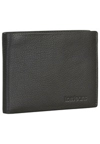 Billetera de cuero negro con superficie texturizada, diseño de dos pliegues y logotipo grabado en la parte frontal. Forma compacta, sin hardware ni acentos visibles.