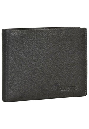 Billetera de cuero negro con superficie texturizada, diseño de dos pliegues y logotipo grabado en la parte frontal. Forma compacta, sin hardware ni acentos visibles.