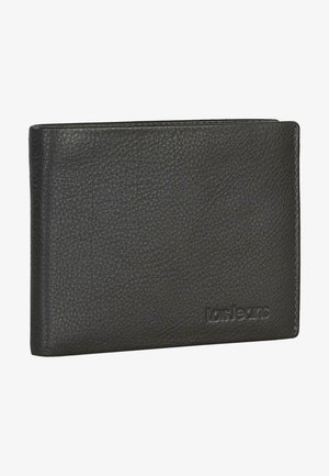 Billetera de cuero negro con superficie texturizada, diseño de dos pliegues y logotipo grabado en la parte frontal. Forma compacta, sin hardware ni acentos visibles.