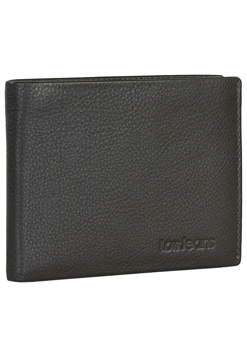Billetera de cuero negro con superficie texturizada, diseño de dos pliegues y logotipo grabado en la parte frontal. Forma compacta, sin hardware ni acentos visibles.