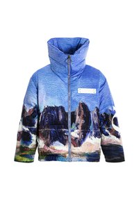 Chaqueta azul acolchada con cuello alto, cierre de cremallera completo y estampado de paisaje montañoso. Textura suave con un corte moderno.