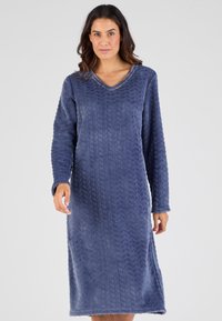 Gonna da notte a maniche lunghe e scollo a V in tessuto blu profondo e strutturato con motivo a zigzag; materiale morbido e accogliente fino a metà polpaccio.