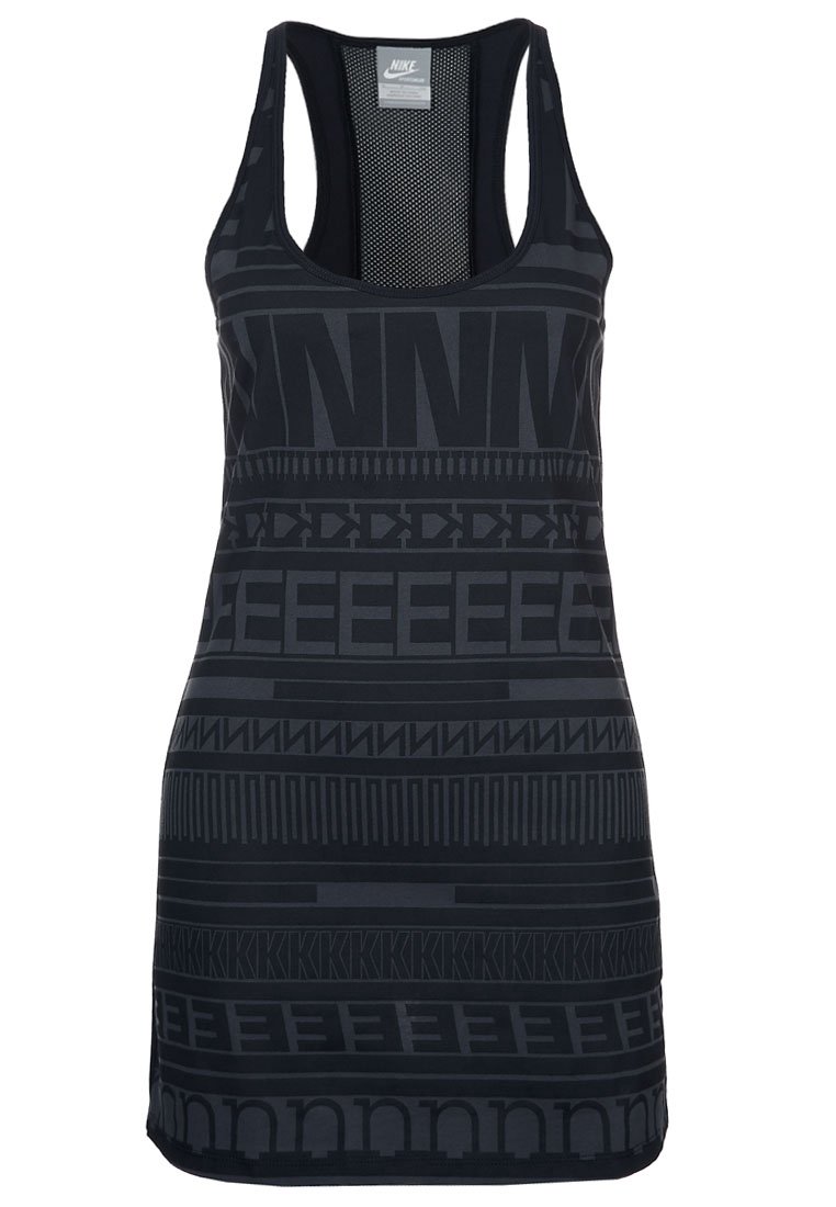 Svart linne med mesh rygg, med ett strukturerat mönster av bokstäver och former i varierande nyanser av svart. Racerback-design.