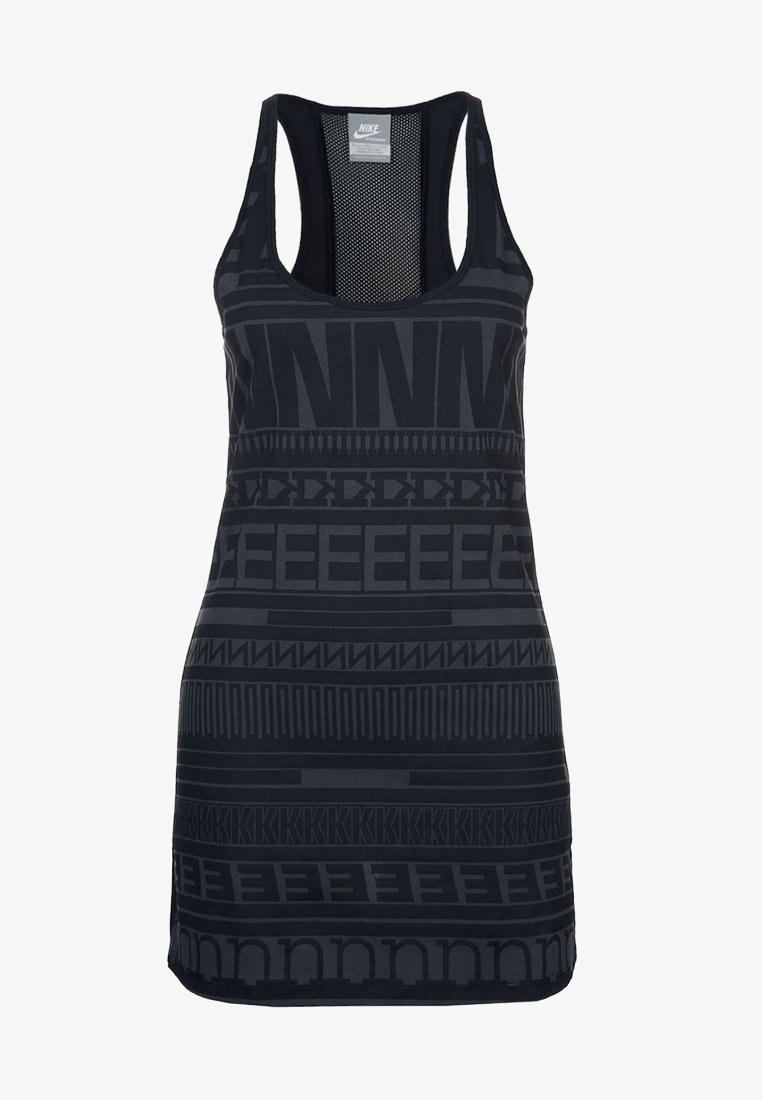 Black tank top with a mesh back, featuring a textured pattern of letters and shapes in varying shades of black. Racerback design.
