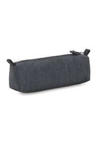 Astuccio rettangolare in tessuto denim scuro. Caratterizzato da una chiusura con zip sulla parte superiore e piccoli anelli laterali per una facile maneggevolezza.