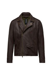 Bruine leren motorjasje met een geknipt kraag, asymmetrische ritsluiting en meerdere ritszakken. Gestructureerde afwerking.