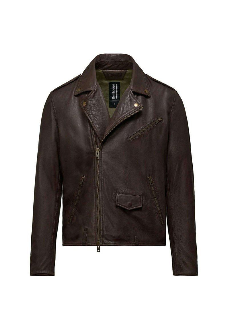 Bruine leren motorjasje met een geknipt kraag, asymmetrische ritsluiting en meerdere ritszakken. Gestructureerde afwerking.