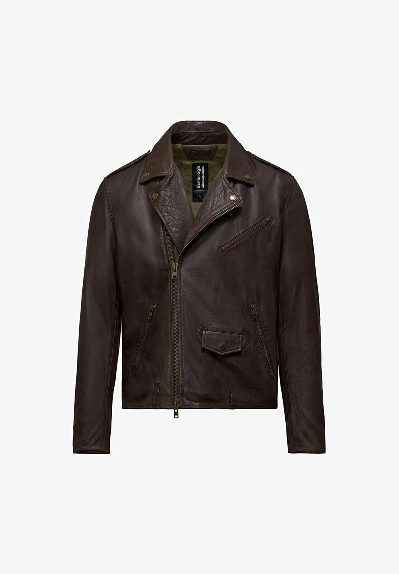 Bruine leren motorjasje met een geknipt kraag, asymmetrische ritsluiting en meerdere ritszakken. Gestructureerde afwerking.