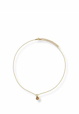 Thin gold chain necklace with a small round blue gemstone pendant and adjustable clasp on a white background.