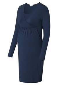 Granatowa, długosleeve sukienka ciążowa z dekoltem w serek, elastycznym pasem i miękkiego materiału. Posiada długość do kolan.