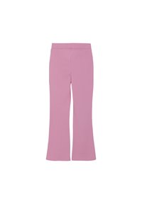 Roze flared broeken van zachte stof, met een brede tailleband en een gladde textuur, in een schoon, minimalistisch ontwerp.