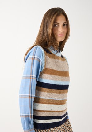 Vrouw draagt een blauw geruit overhemd onder een gestreept mouwloos sweatervest in beige, bruin, blauw en marine tinten, staand tegen een effen achtergrond.