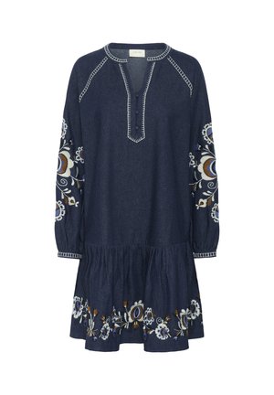 Jeanskleid mit langen Ärmeln, dunkelblauem Denim, bestickten floralen Mustern in Weiß, Orange und Blau an den Ärmeln und dem Saum, geknöpfte Knopfleiste.