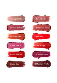 Douze échantillons de rouge à lèvres dans diverses couleurs et nuances, étiquetés avec des noms tels que "Vintage Nude" et "Spicy Kiss," sur un fond blanc.
