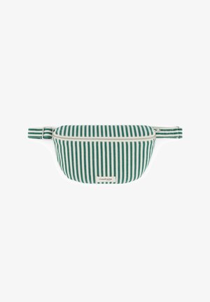 Sac banane en tissu rayé verticalement vert et blanc avec sangle ajustable et fermeture éclair, étiqueté "rivedroite."