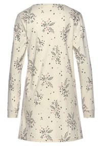 Robe à manches longues en coton crème, ornée de motifs floraux en rose et noir, avec un col arrondi et une coupe décontractée.