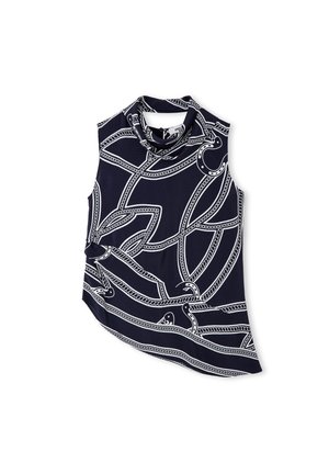 Mouwloze donkerblauwe top met wit touw- en hoefijzerprint, asymmetrische zoom en een hoog gedraaid halslijn.