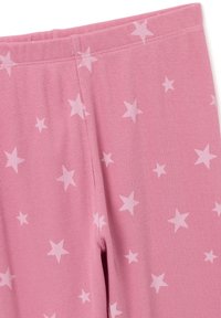 Pink ribbed leggings featuring a pattern of white stars. The waistband is elastic, and the fabric appears soft with a slight stretch.