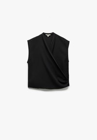 Zwarte mouwloze top met een wikkelontwerp, met een zachte textuur en een minimalistische vorm. Geen zichtbare patronen of accenten.