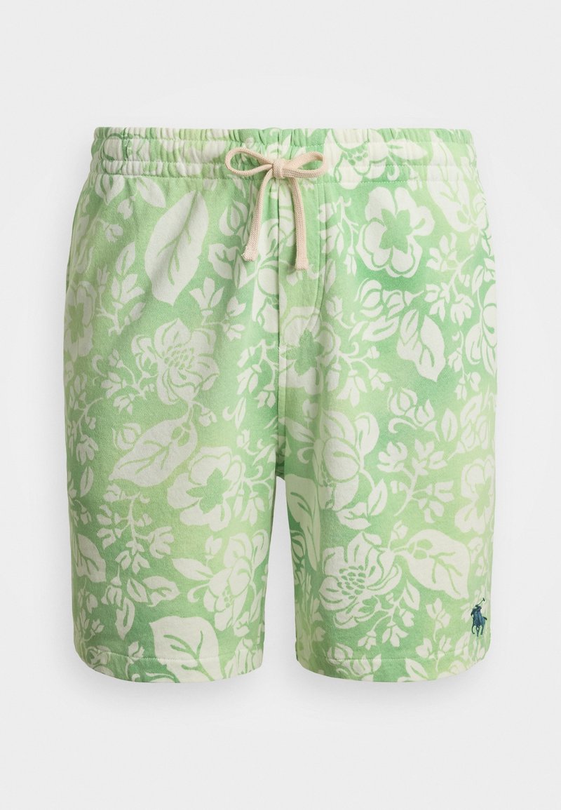 Short vert clair avec motif floral blanc, taille élastique, cordon beige et petit logo sombre près de l'ourlet sur la jambe droite.
